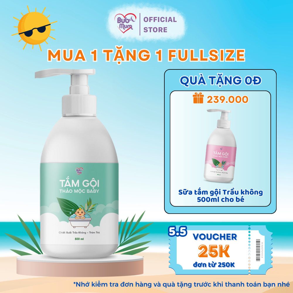 Sữa Tắm Gội Cho Bé Sơ Sinh BuB&MuM Chiết Xuất Thảo Dược Thiên Nhiên Trầu Không - Tràm Trà 100ml/500ml