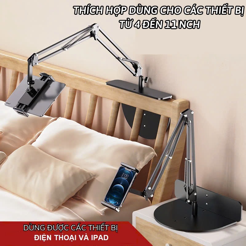 Giá đỡ điện thoại, ipad 2in1 hợp kim nhôm treo đầu giường, kê cạnh bàn đa năng, gậy livestream quay video chống rung, xem phim chống mõi