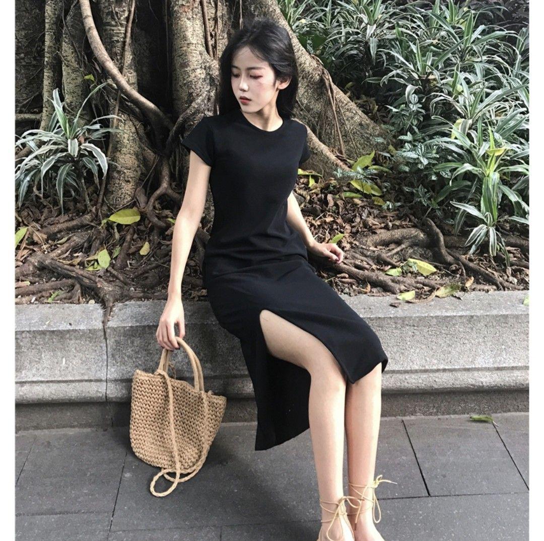 Đầm body tay ngắn xẻ tà, chất thun lụa mềm mát, freesize co dãn dưới 53kg 133-2