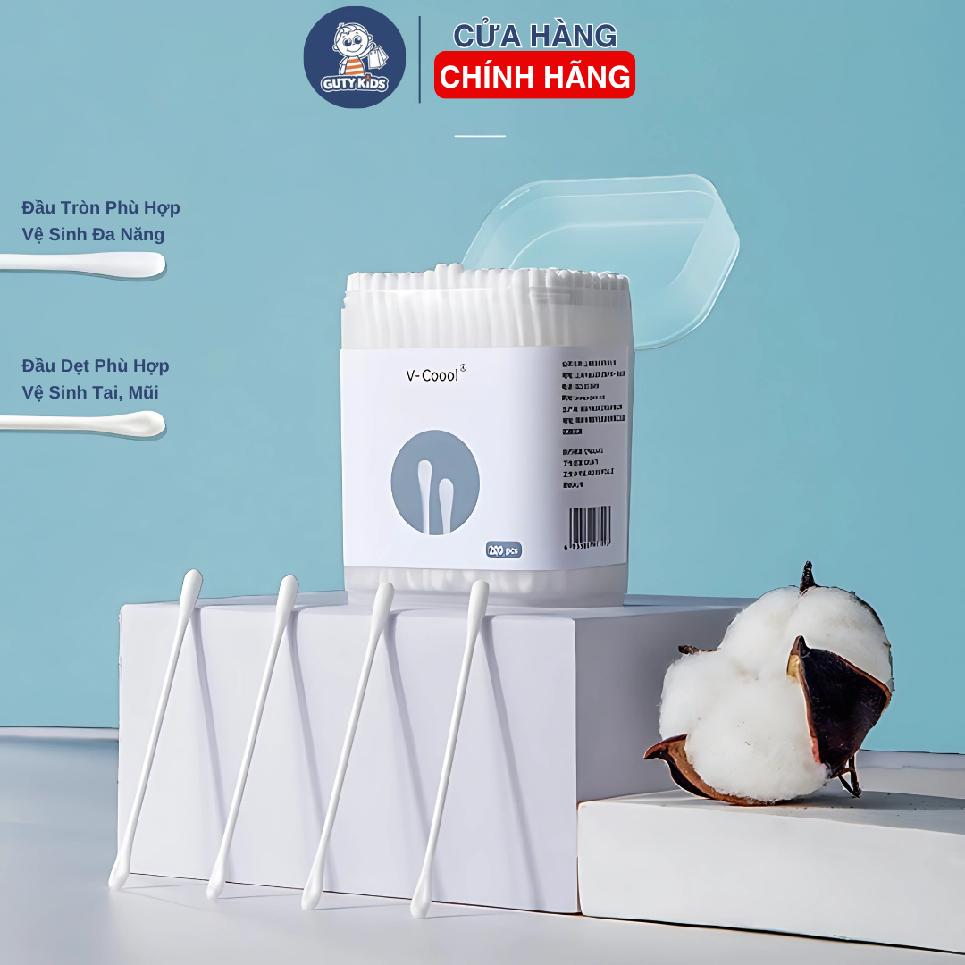 Tăm Bông Cho Bé Sơ Sinh GutyKids Thiết Kế Đặc Biệt Cho Tai, Mũi, Rốn An Toàn, Mềm Mại, Dễ Sử Dụng, Hộp 200/400 Que