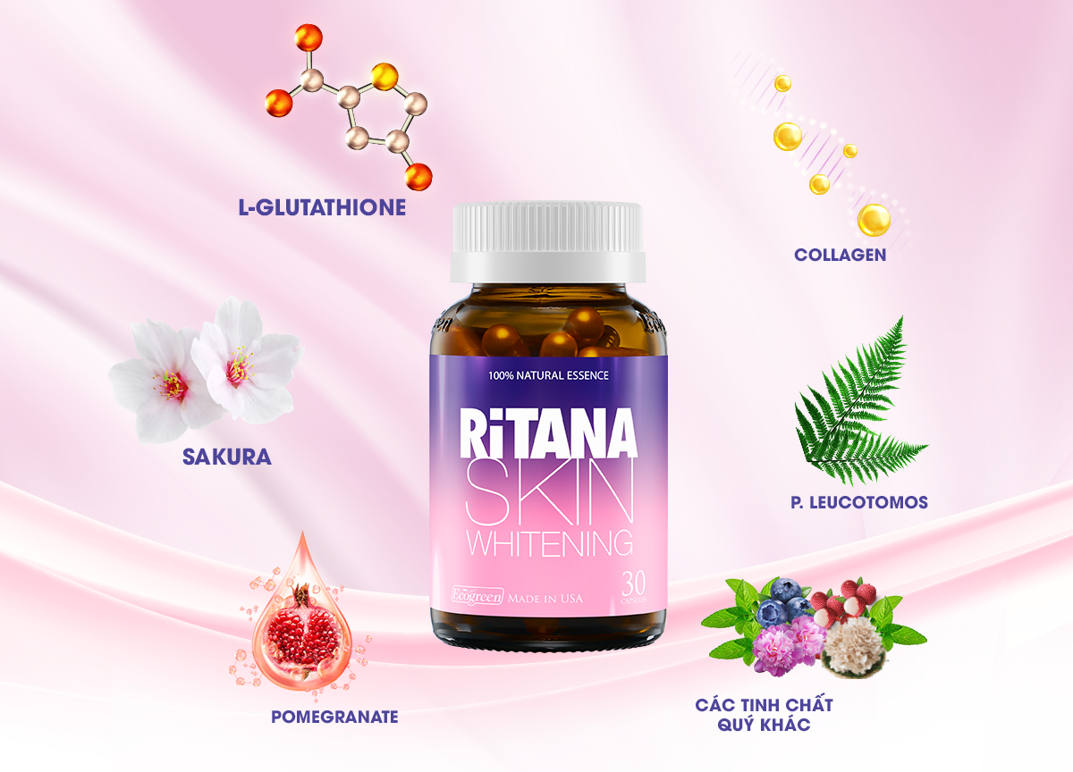 ritana trắng da mờ sạm nám với l-glutathion, sakura, pomegranate, p.leucotomos, collagen - hàng chính hãng (hộp 30 viên) 2