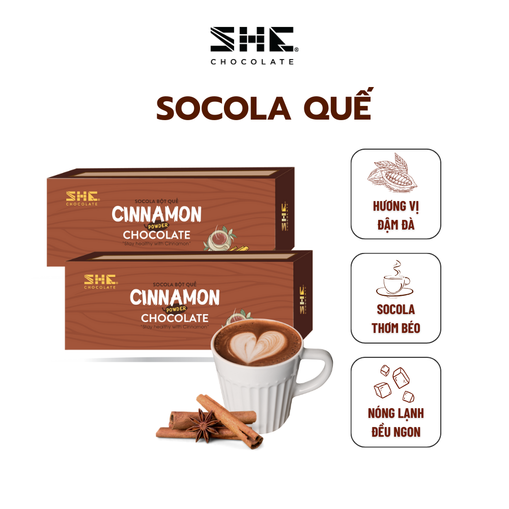 Socola quế 150g SHE Chocolate. Hương vị đa dạng, tốt cho sức khỏe, pha uống đá, nóng. Quà tặng sức khỏe