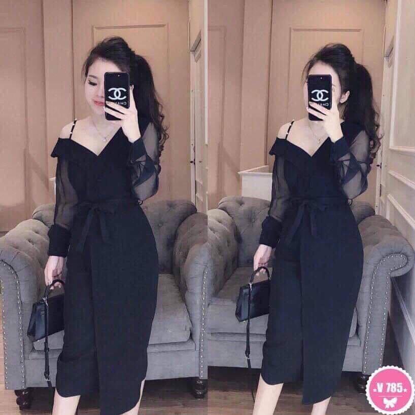 Đầm Dài Cát Hàn Phối Lưới Sang Chảnh Vải Cát Hàn Cao Câp Thời Trang SUNI