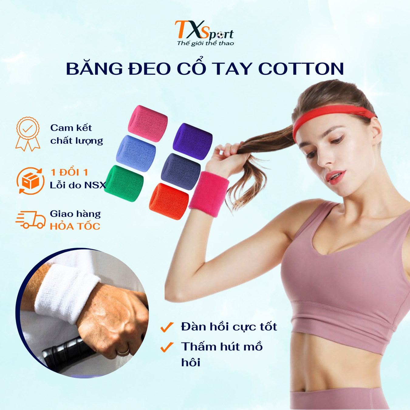 Băng đeo cổ tay thể thao thấm hút mồ hôi chất liệu cotton mềm mịn thoáng khí thấm hút mồ hôi tốt