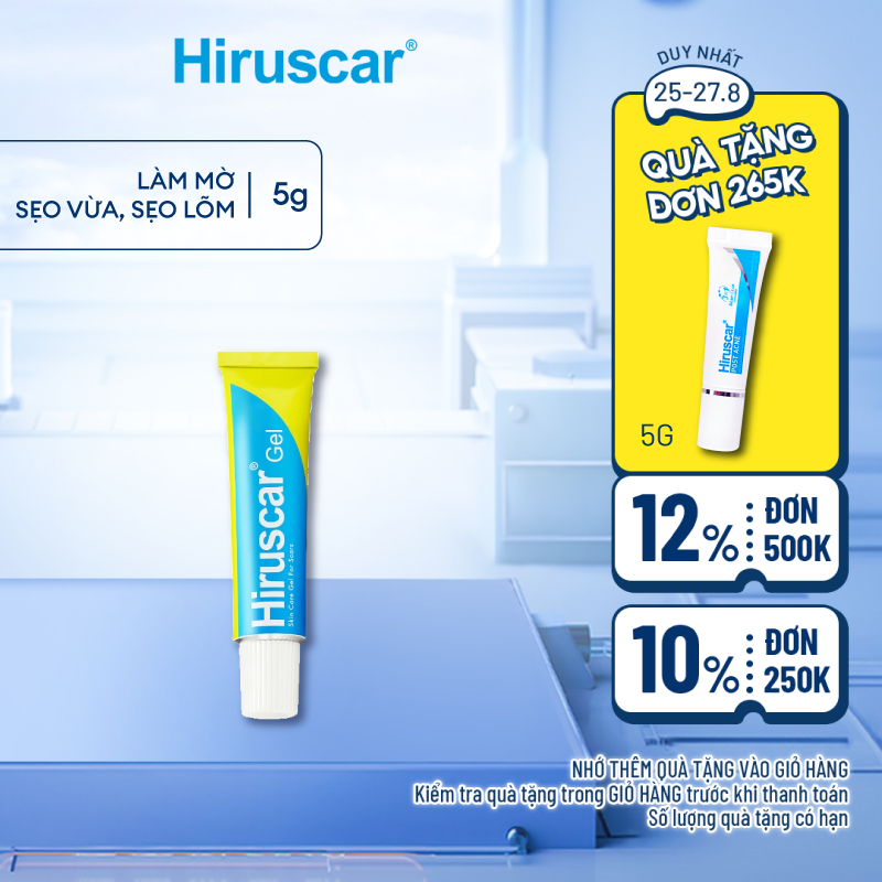 Gel cải thiện sẹo vừa, sẹo lõm, sẹo thâm Hiruscar 5g