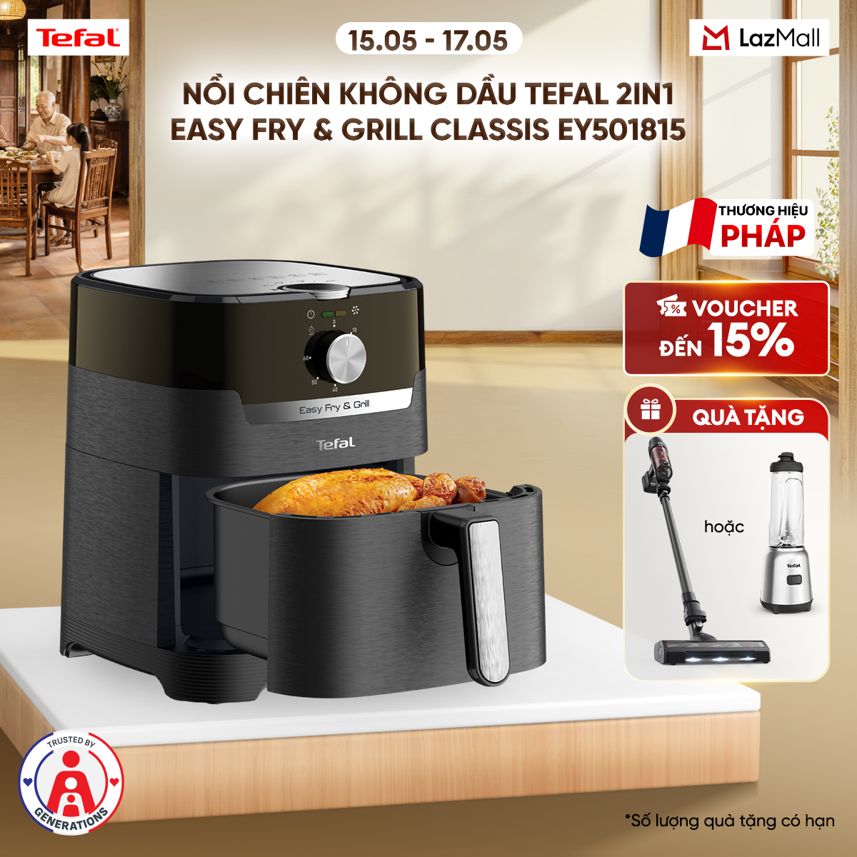 Nồi chiên không dầu Tefal 2in1 EY501815 - 4.6L - Cơ