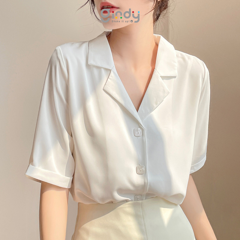 Áo sơ mi lụa nữ ngọc trai GINDY cổ vest tay lỡ cúc vuông dáng basic thời trang công sở A10114