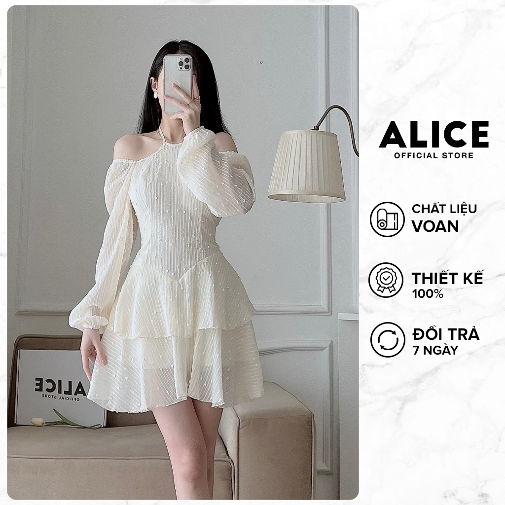Váy Cổ Yếm Trễ  Vai Tiểu Thư ALICE Chất Voan Hạt Mềm Có Lót Lụa Thiết Kế Dáng Chữ A Xếp Tầng V782
