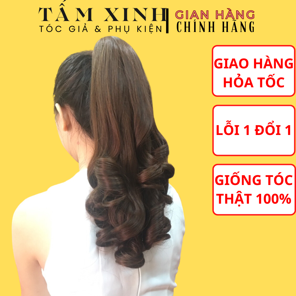 Tóc giả nữ đẹp cao cấp phong cách tóc giả trung niên dáng tóc nữ giả xoăn lọn kẹp ngoạm 45cm