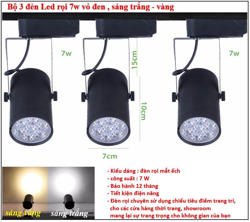 Bộ 3 đèn rọi led 7w vỏ đen, ánh sáng  trắng -vàng