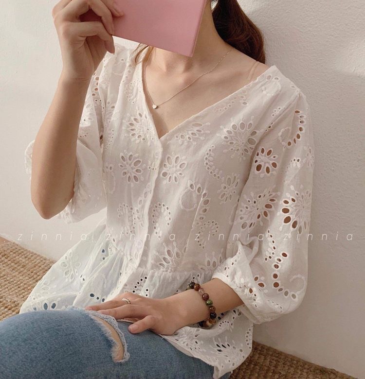 Áo sơ mi top.shop VNXK vải thô thêu toàn bộ mặt vải cầu kỳ