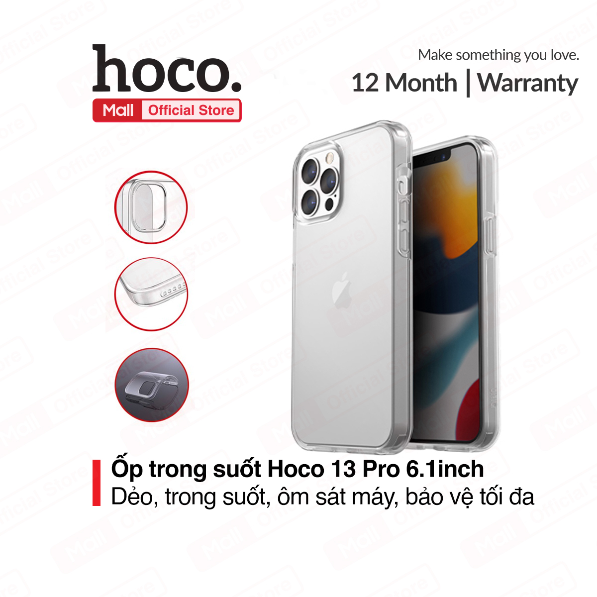 Ốp lưng trong suốt Hoco 6.1inch dành cho iPhone 13 Pro, chất liệu dẻo, ôm sát máy, gờ bảo vệ tối đa camera, dễ dàng tháo lắp