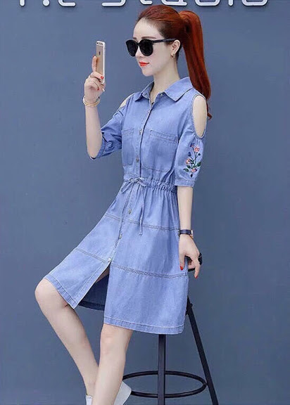 ĐẦM JEAN THÊU HOA EO RÚT