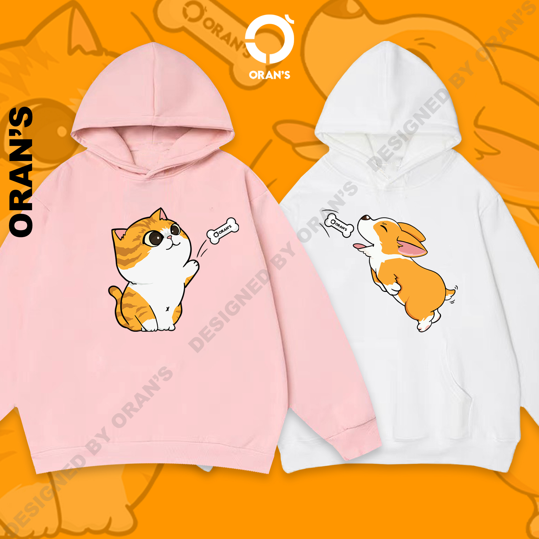 Áo hoodie in hình chó mèo ném xương dáng Oversize chất nỉ bông cotton cao cấp dày dặn, FULLBOX - ORAN'S ?HOODIE 12 - Chó ?Corgi và Mèo Vàng Quàng Thượng