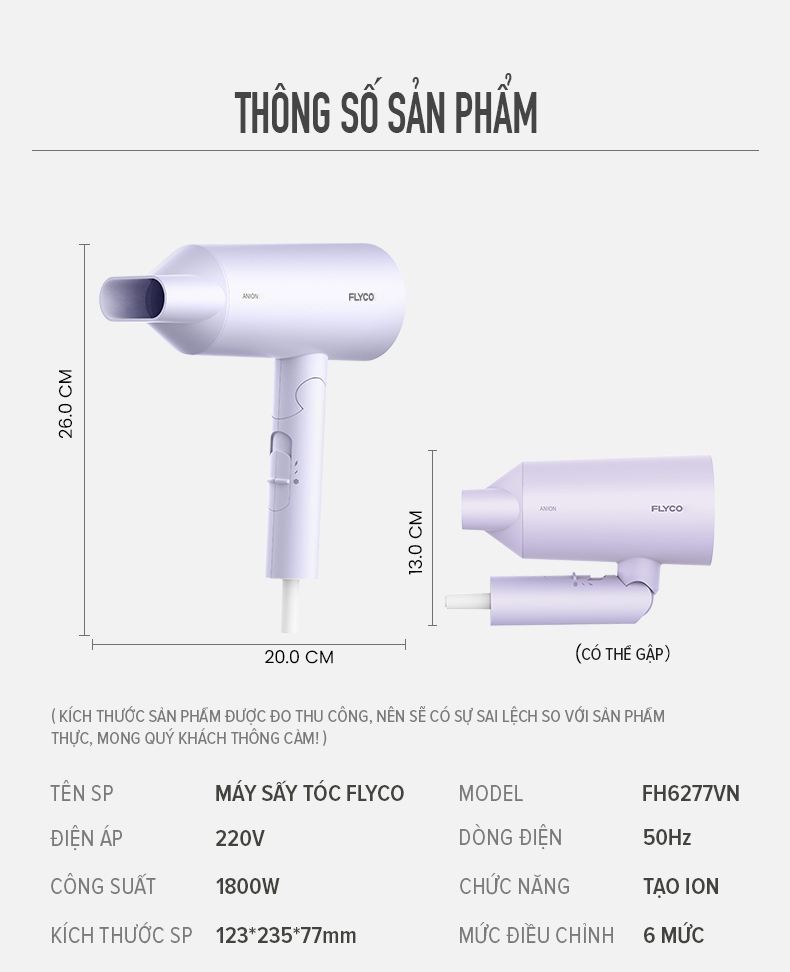 Máy sấy tóc FLYCO FH6277VN - Thiết kế hiện đại - Công suất lớn 1800W - Chức  năng tạo Anion giúp tóc khỏe - 6 Mức điều chỉnh - Bảo hành 24 tháng - Hàng  chính hãng | Lazada.vn