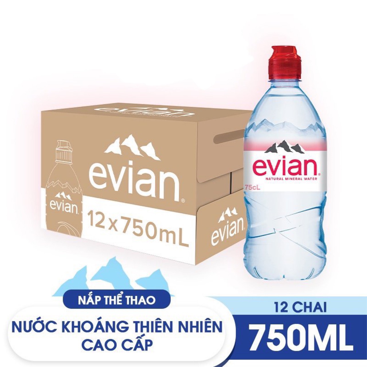 Thùng 12 chai nước khoáng Evian Pháp 750ml (750ml x 12) - Nắp thể thao