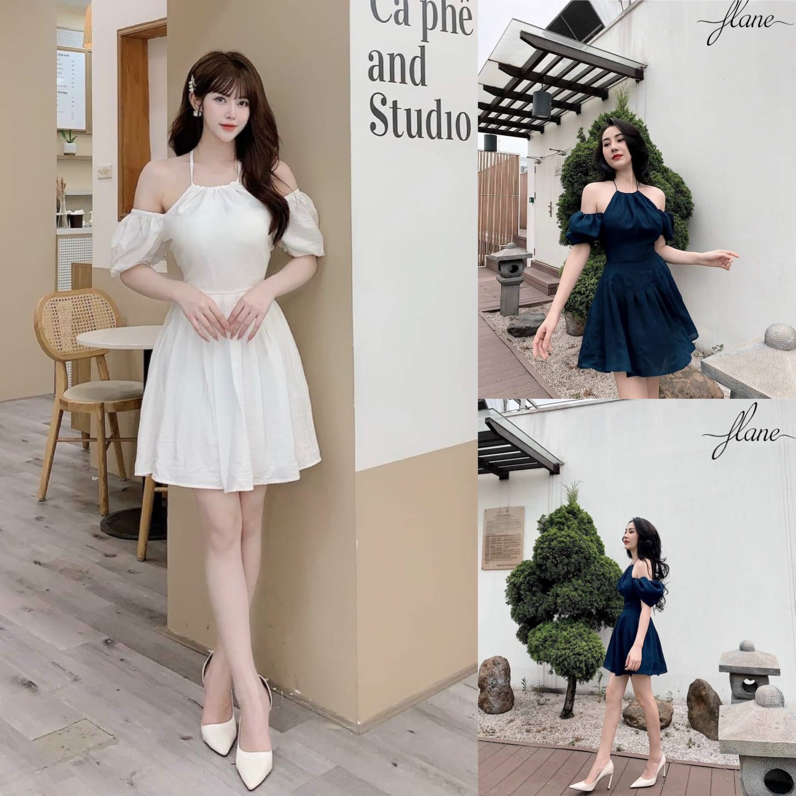 Đầm váy thời trang nữ midi cổ yếm trễ vai tay phồng đơn giản