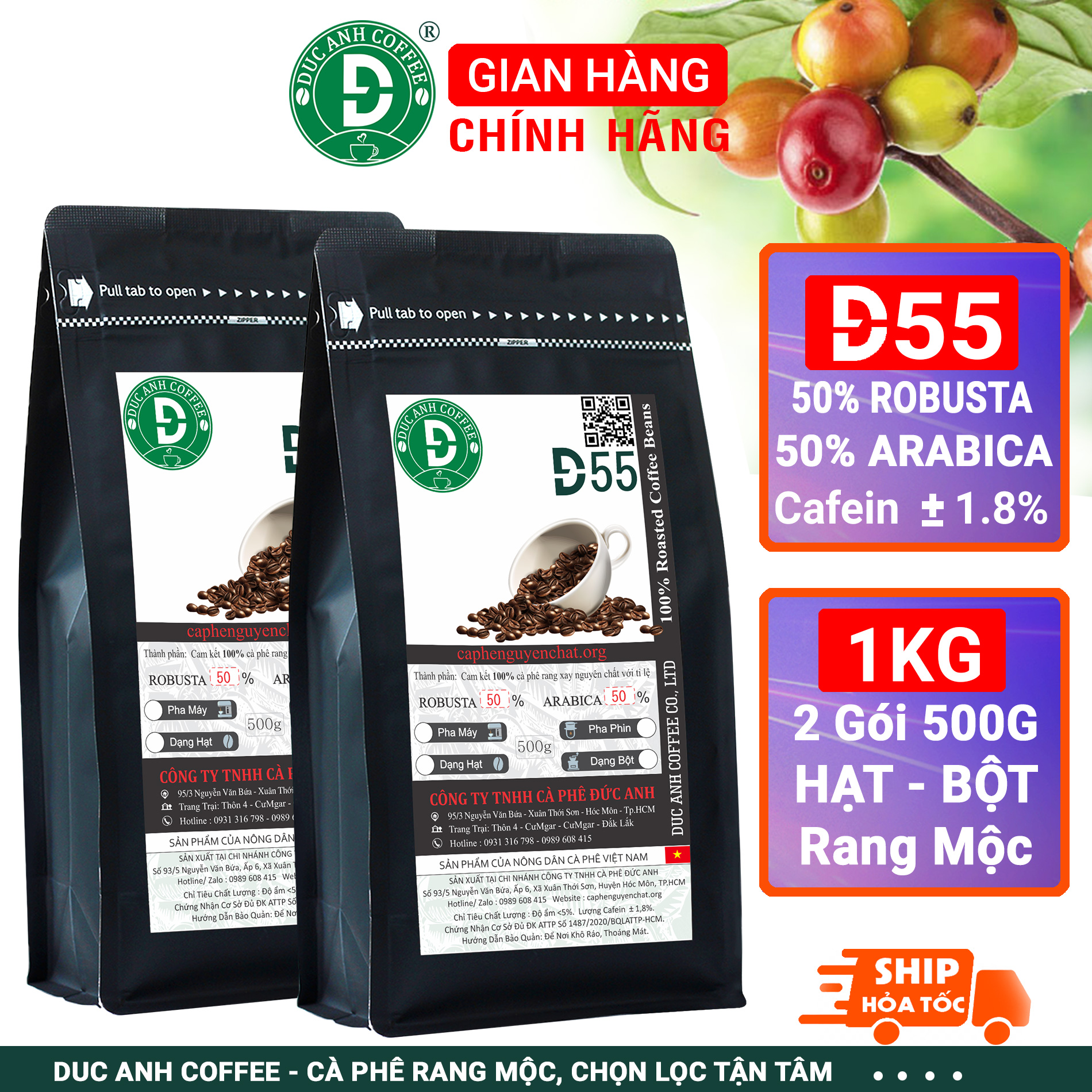 1kg Cà Phê DUC ANH COFFEE D55 (50% Robusta +50% Arabica) - Nguyên Chất Rang Mộc Dùng Pha Phin, Pha Máy Hạt, Bột Tùy Chọn - Cafein 1,8% Thơm nhiều - Chua Nhẹ - Giao Hàng Nhanh - Bán Hàng Trực Tiếp Từ Nông Trại - Cà Phê Đức Anh - flash sale