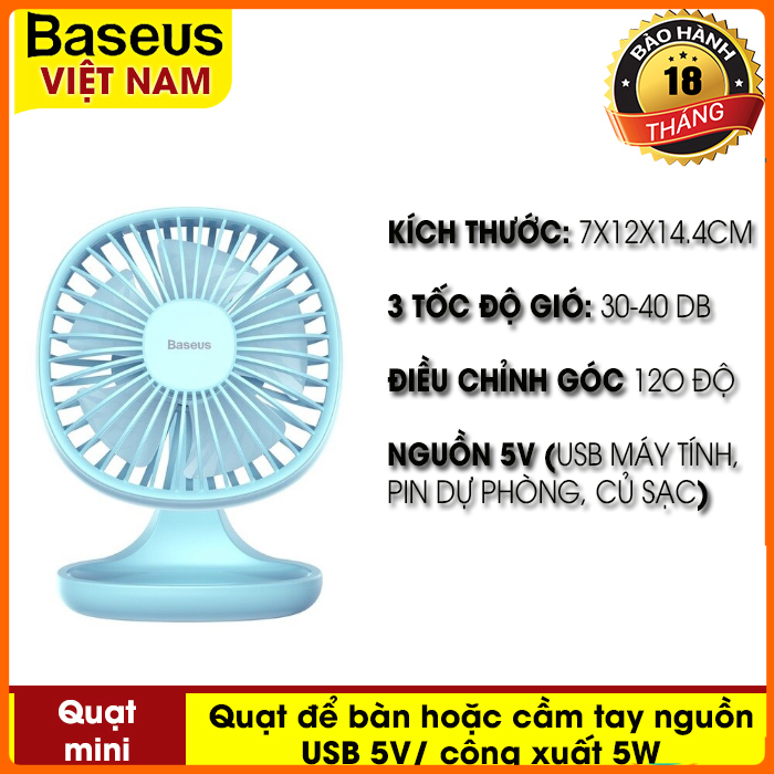 Quạt mini - Quạt cầm tay hoặc để bàn  Di Động 3 Tốc Độ gió thích hợp cho Văn Phòng của hãng Baseus  nguồn sử dụng USB Máy Tính pin dự phòng,  Ventilador