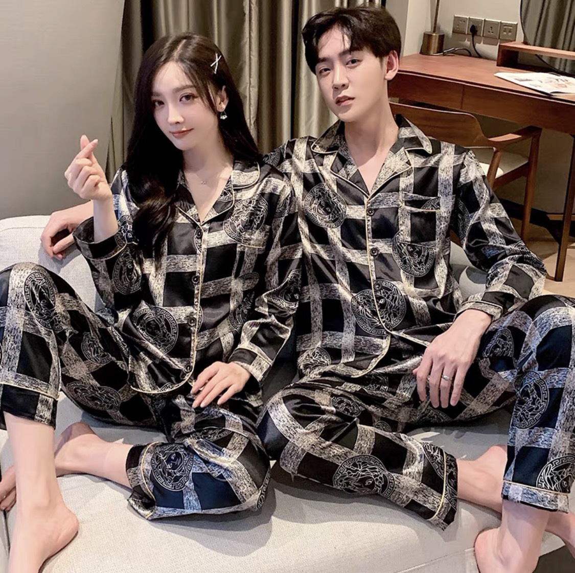 Đồ bộ Pijama nam nữ dài tay Jengiang chất lụa bóng sang trọng mã 743 hàng Quảng Châu cao cấp