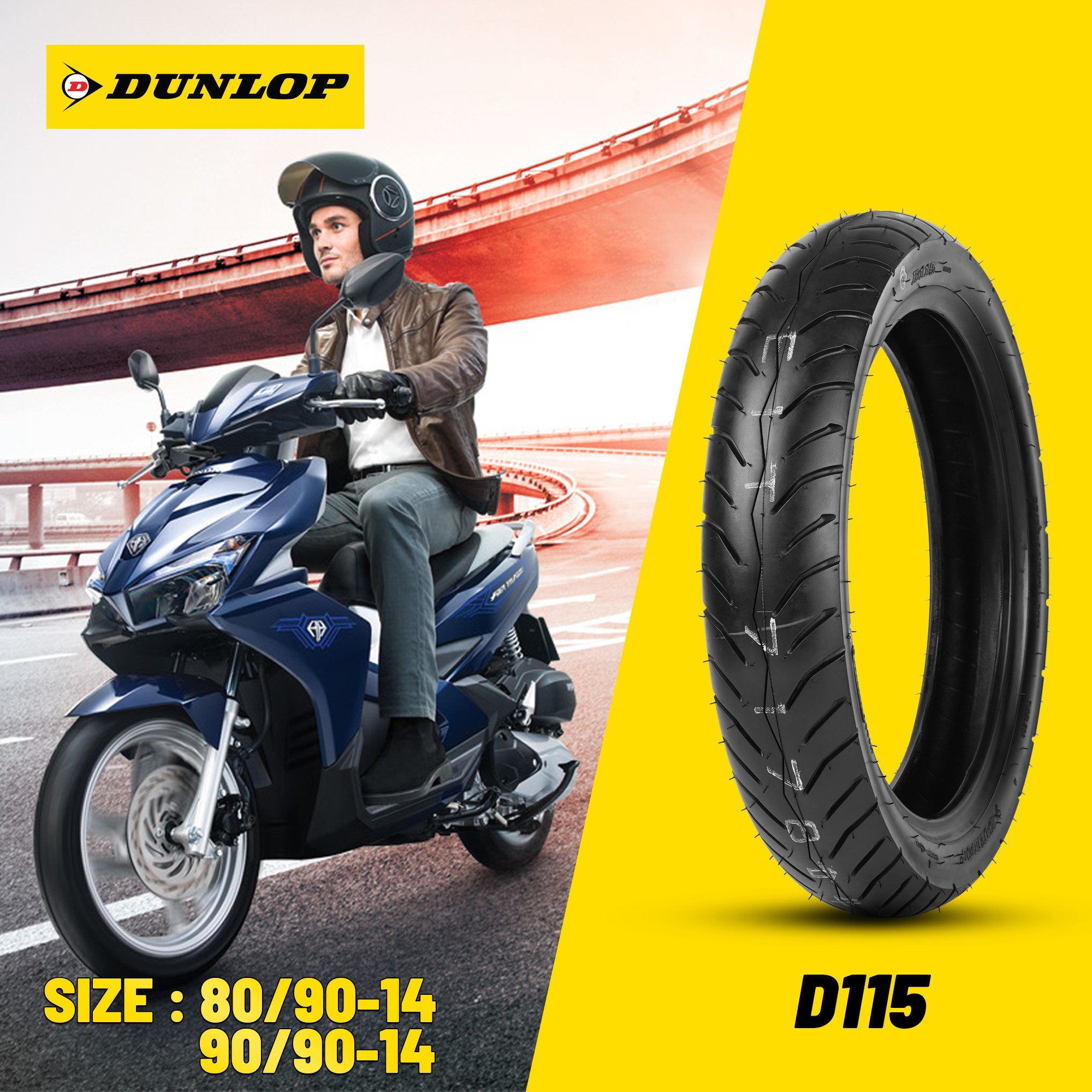 Vỏ lốp xe máy Dunlop D115 70 90-14 80 90-14 90 90-14 không ruột