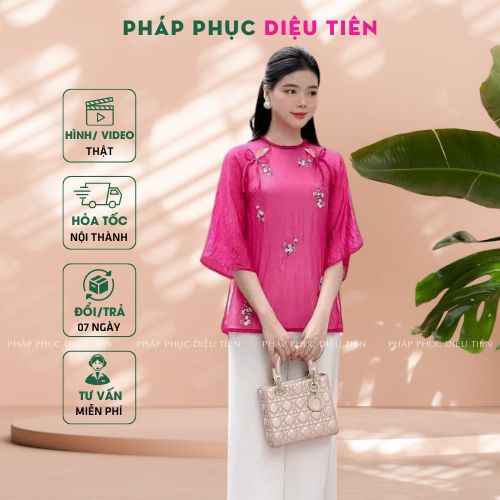 Đồ lam đi chùa, pháp phục đi chùa chất tơ thêu hoa màu hồng sen phối quần lụa suông - Pháp Phục Diệu Tiên