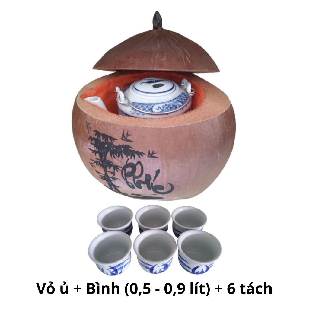 Bình ủ trà trái dừa khắc chữ Phúc / Bình trà 0,4 - 0,9 lít / Giữ ấm từ 3 - 6 giờ / Sản phẩm sản xuất thủ công / Xưởng sản xuất tại Bến Tre