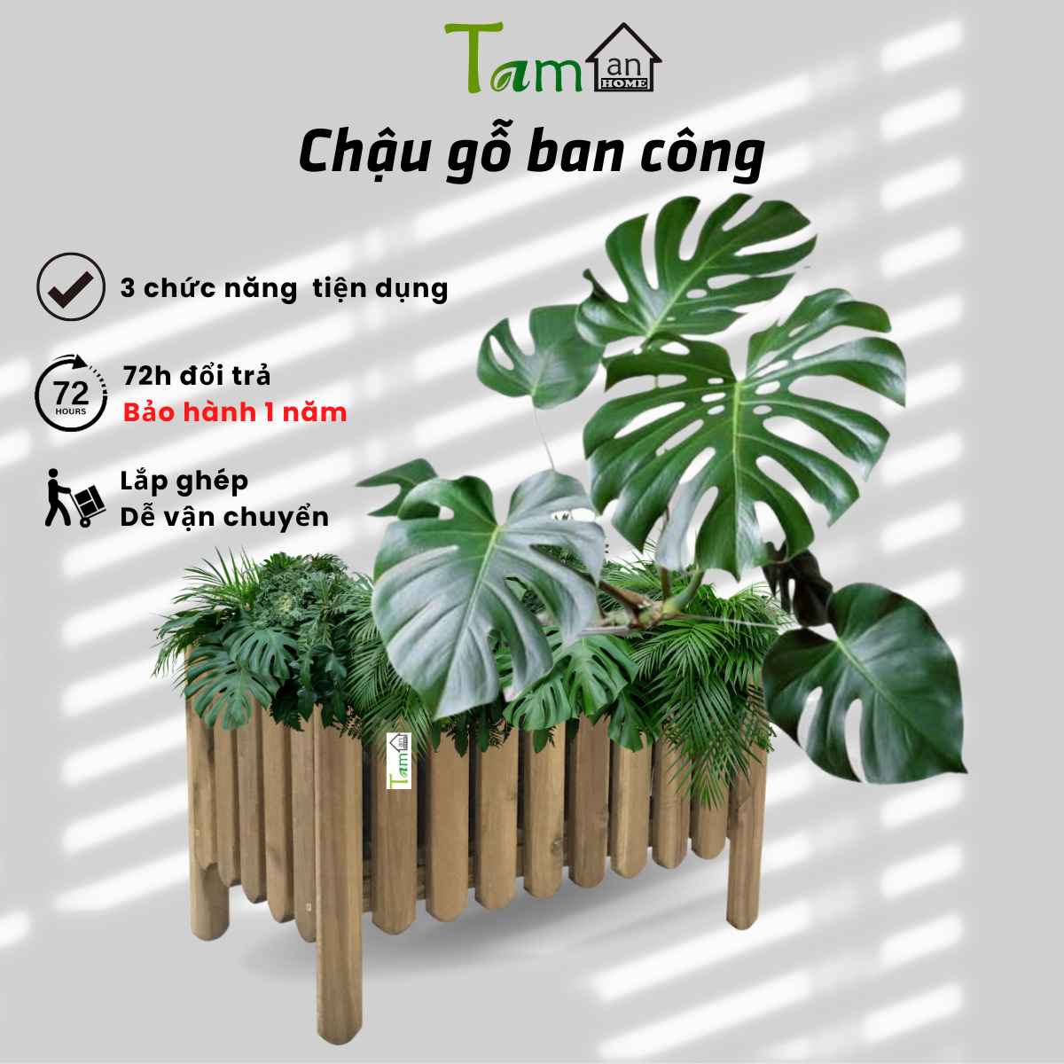 Chậu gỗ trồng cây ban công Taman Home chậu lắp ghép trồng hoa hồng chịu mưa nắng chất lượng xuất khẩu
