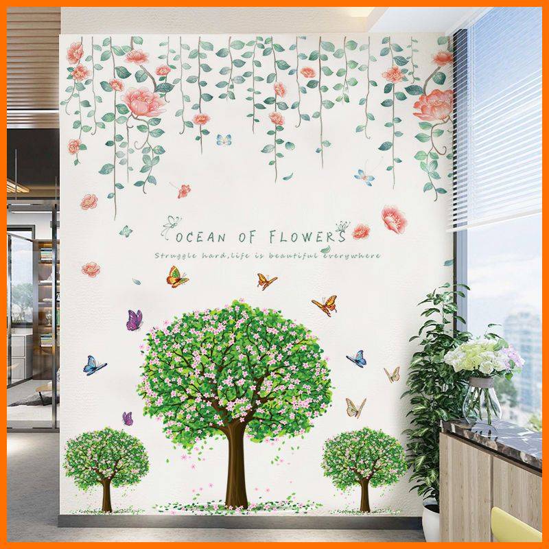 Decal dán tường kết hợp cây tán lá hoa hồng và 3 cây xanh trang trí phòng khách, phòng ngủ