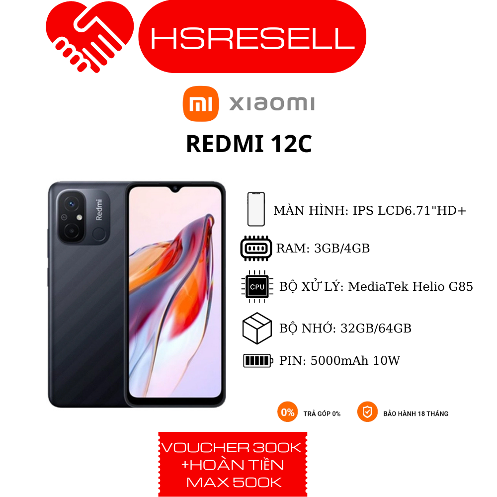 Điện thoại xiaomi redmi 12c | mediatek helio g85| camera kép ai 50mp| pin 5000mah