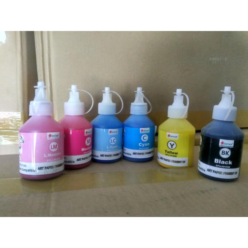 ?? Bộ 6 màu Mực Pigment UV Epson 6 màu-Mực dầu Epson hãng Estar (Màu BK-MCY/LC-LM)