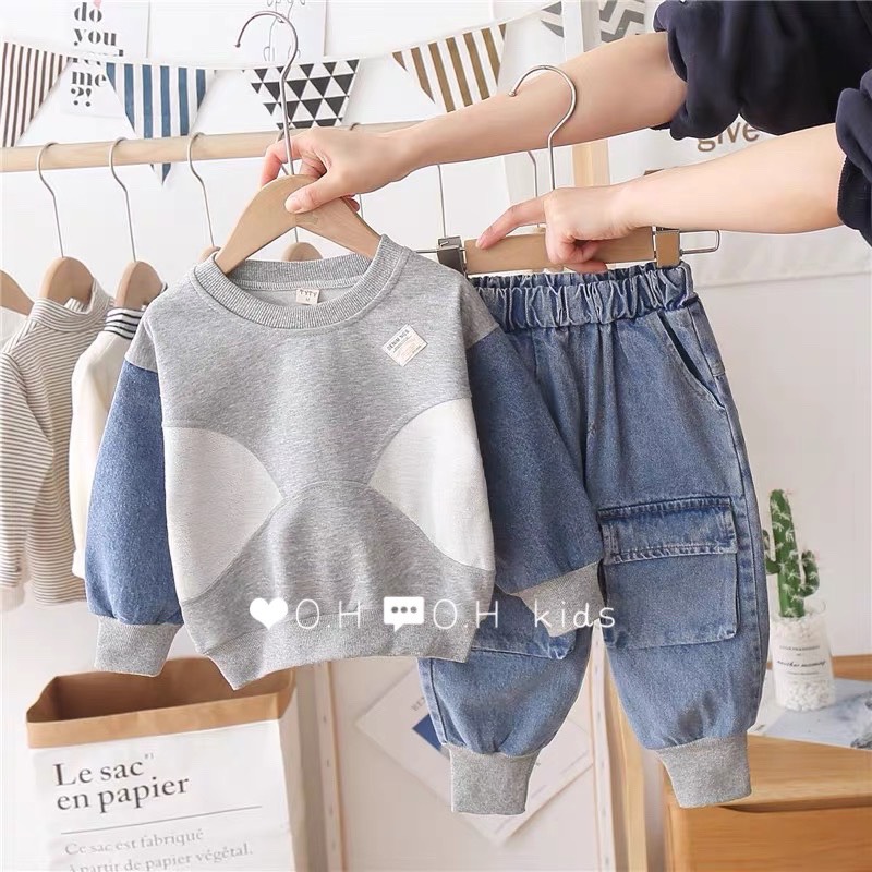 Bộ đồ bò bé trai gái thu đông nỉ da cá phong cách hàn quốc