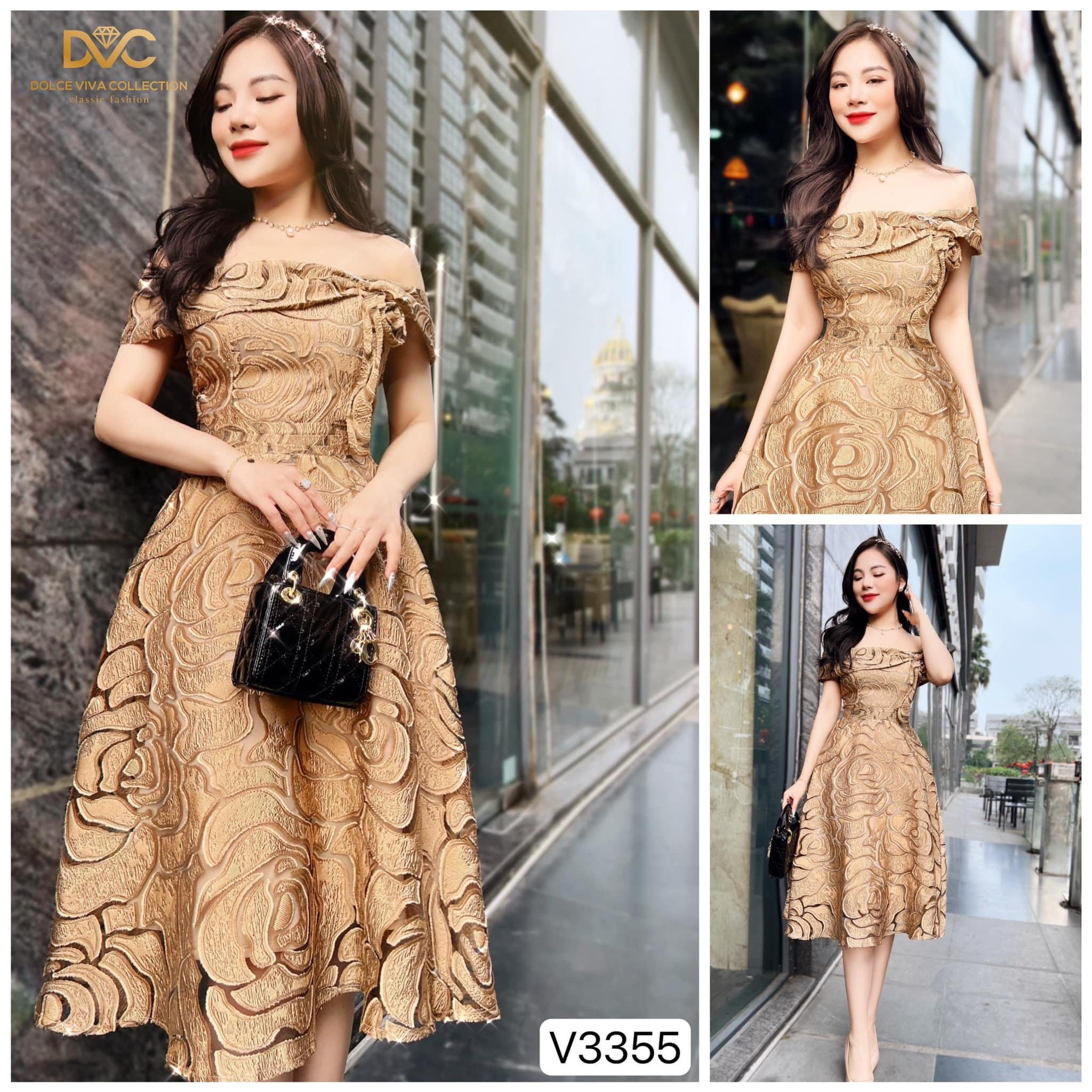 V3355 Váy ren nâu trễ vai hoa nổi váy đầm hoa trễ vai nâu ánh kim dự tiệc dáng xoè
