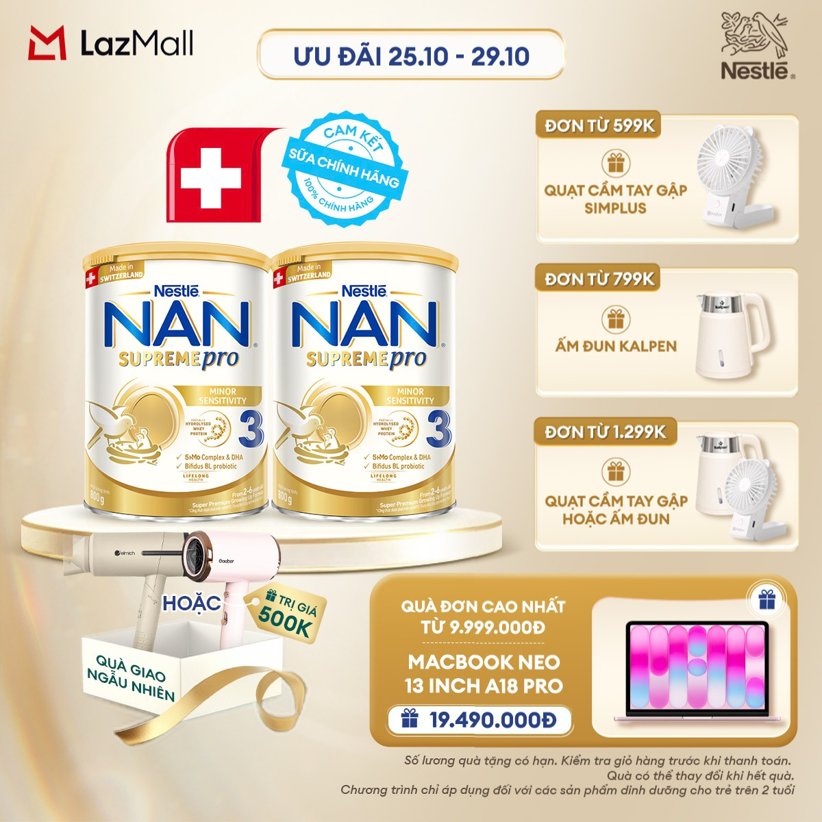 [CHỈ 25-29.10 QT ĐƠN 599K/799K/1299K] [Tặng máy sấy tóc (giao ngẫu nhiên)] Combo 2 lon Sữa Bột Nestlé NAN SUPREMEPRO 3 800g Nhập Khẩu Đức Cho Bé 2 - 6 Tuổi Chứa Đạm Whey Thủy Phân 1 Phần, 5-HMOs    Lợi khuẩn BIFIDUS BL