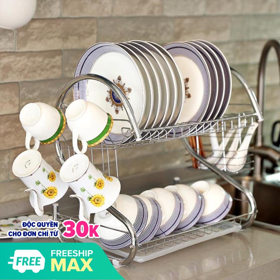 Kệ nhà bếp-kệ đựng chén bát thông minh- kệ inox up chén đĩa 2 tầng đa năng chữ S Giá bát 2 tầng inox bền chắc kèm ống đựng đũa kệ úp chén bát inox 2 tầng có ống đũa
