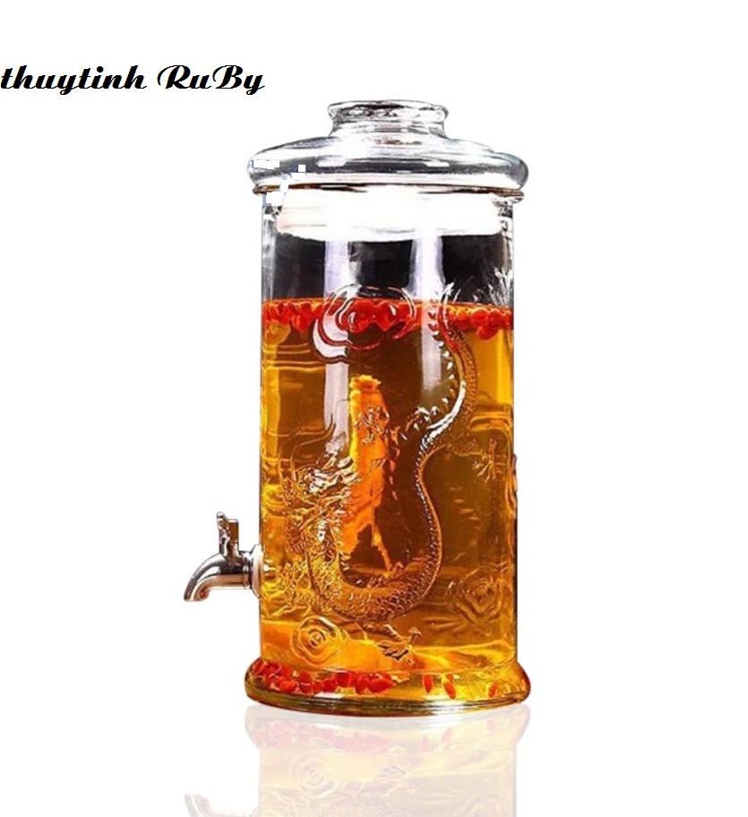 Bình Ngâm Rượu Thủy Tinh 10 Lít (Có Vòi, Không Đế) Trụ Rồng, Bình Đựng Rượu Thủy Tinh, Hủ thủy tinh ngâm rượu, Bình ngâm Sâm