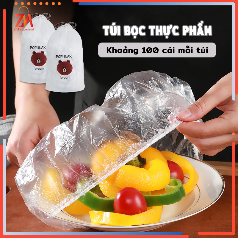 Màng bọc thực phẩm co giãn siêu dai có chun hình túi gấu set 100 chiếc màng bọc thực phẩm PE túi gấu có chun bọc đồ ăn co giãn