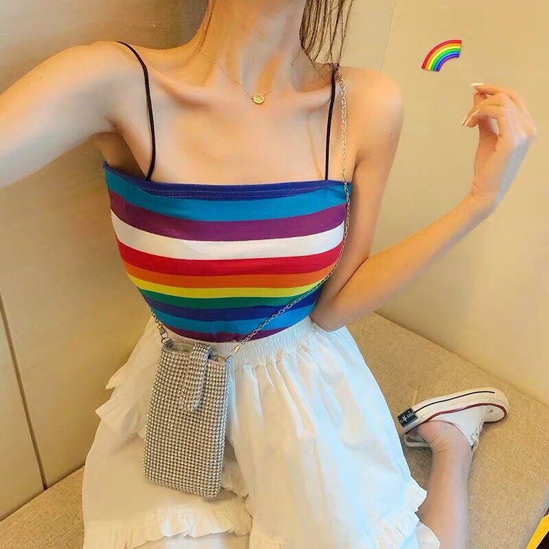 Áo hai dây bigsize thun nữ cao cấp croptop dáng ôm sọc cầu vồng 73-83kg DS