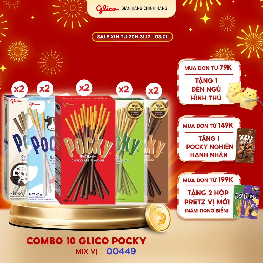 Combo 10 Hộp Bánh Que Phủ Kem Nhiều Vị Glico Pocky 00449_2 Cookie & Cream - 2 Matcha - 2 Sữa Hokkaido - 2 Double Choco - 2 Socola