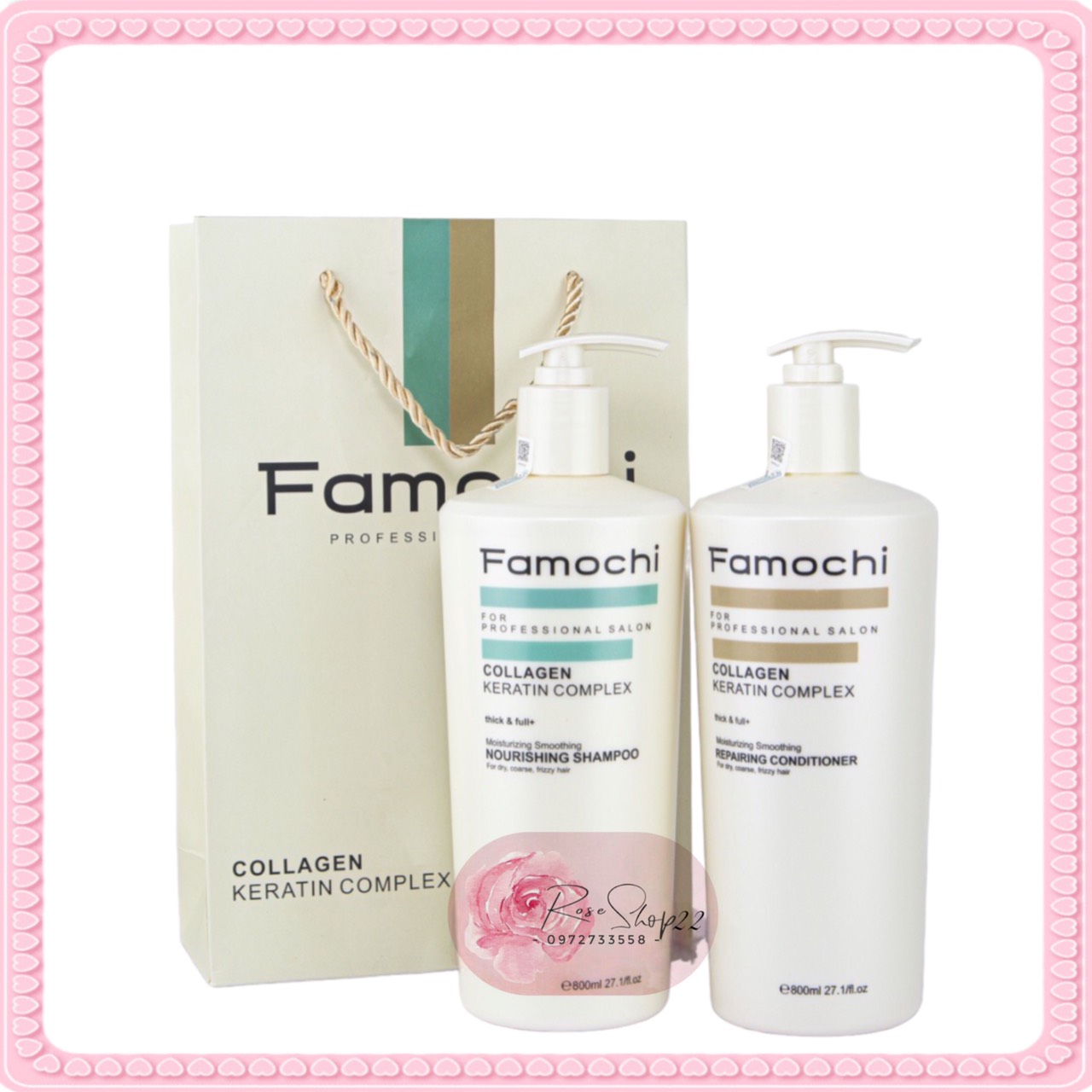 Dầu Gội Xả Collagen & Keratin FAMOCHI 800ml, Dầu gội xả phục hồi mềm mượt, Kích thích mọc tóc cao cấp
