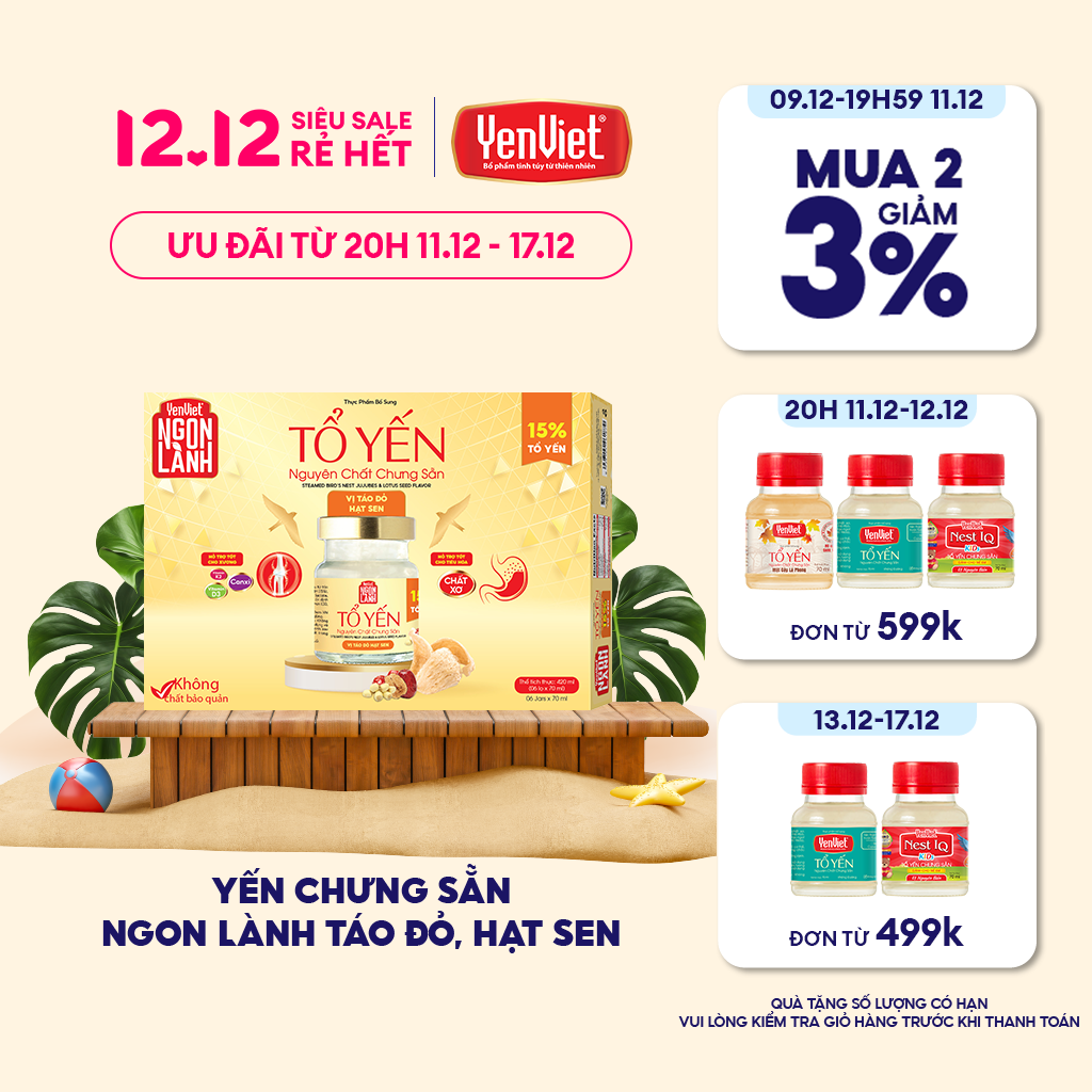 (Kèm túi giấy) Hộp yến sào Ngon Lành 15% tổ yến nguyên chất chưng sẵn Yến Việt, vị trái cây nhiệt đới/ vị hạt sen táo đỏ, 6 lọx70ml