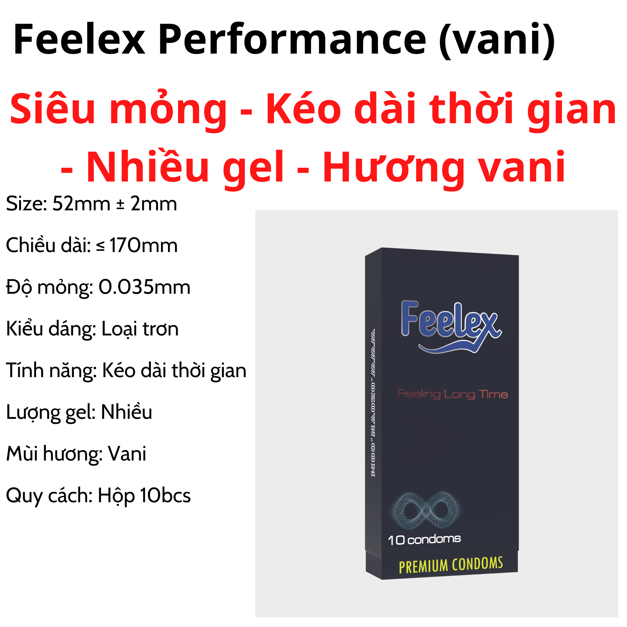 Bao cao su kéo dài thời gian Feelex Performance siêu mỏng, chống xuất tinh sớm cho nam giới, hương vani, socola - Hộp 10 chiếc