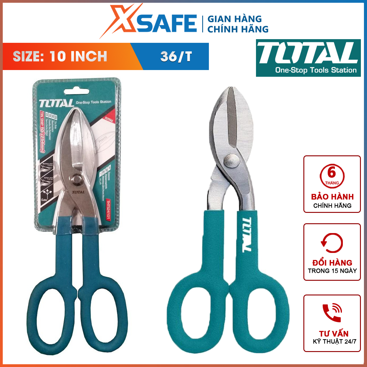 Kéo cắt tole nhỏ TOTAL THT524101 dụng cụ cắt tôn 10, kim tốt cứng, không gỉ, mòn, cắt tôn theo đường thẳng, đường cong phải hoặc đường cong trái