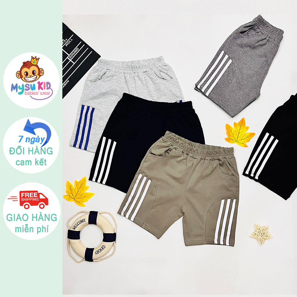 Quần short thun cho bé trai 3 sọc đôi túi thật MYSU Kid mặc hè vải cotton mềm mát co giãn từ 1126kg AT17