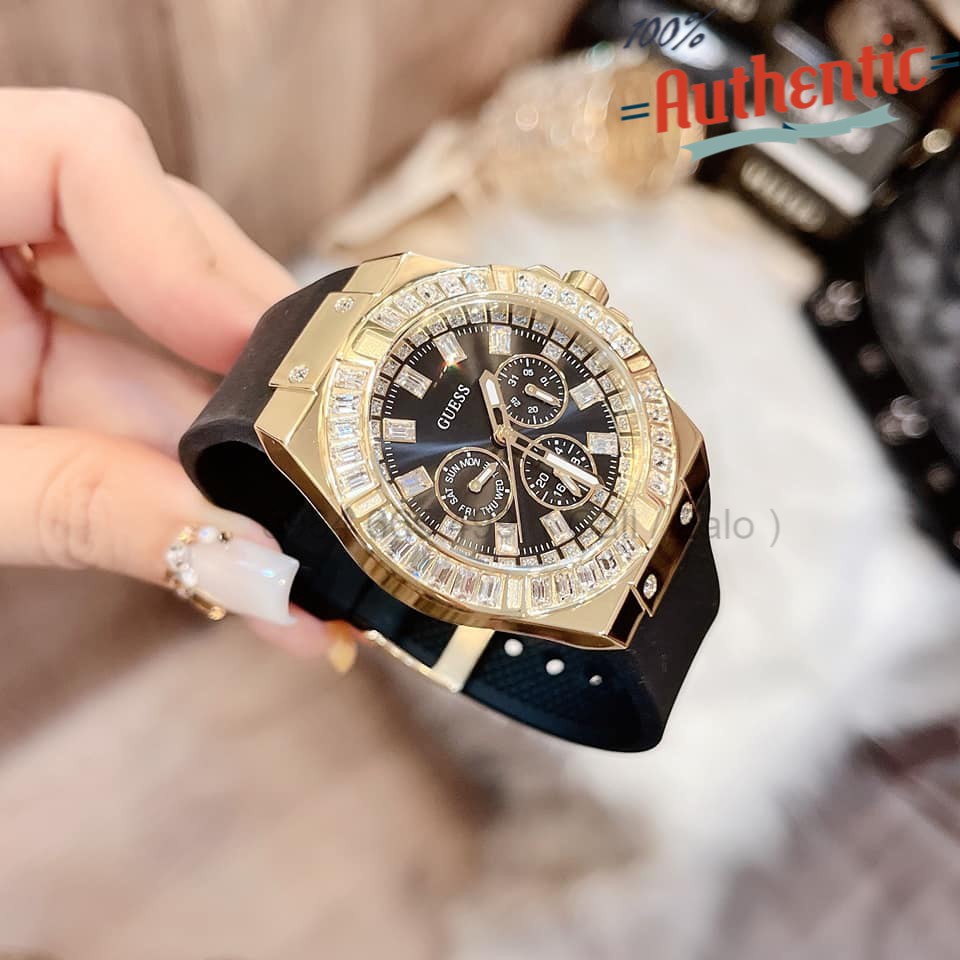 Đồng hồ nữ guess gold tone case black silicone gw0118l1