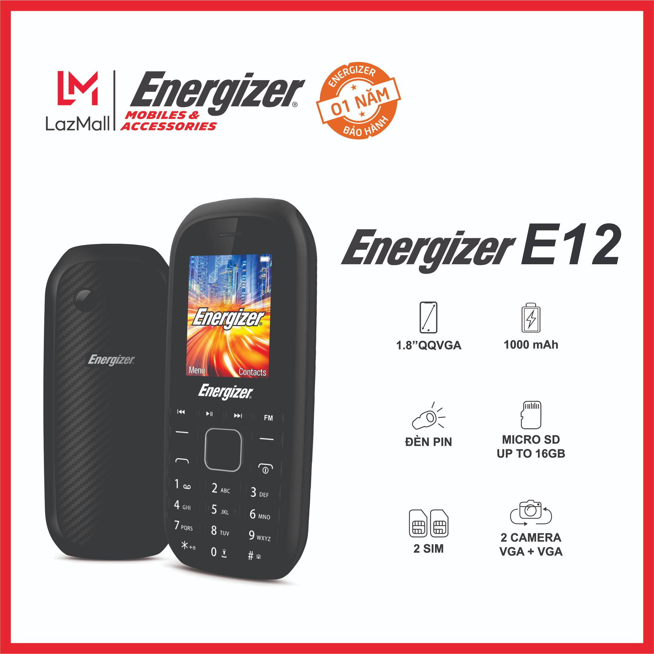 Điện thoại Energizer E12 (2 Sim) - Thiết kế đơn giản và gọn gàng - Màn hình 1.8 inch - Hàng chính hãng. Bảo hành 12 tháng