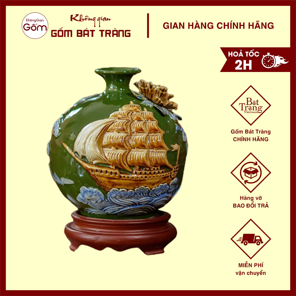 Bình hút lộc, Lọ hoa hút lộc Thuận Buồm Xuôi Gió đắp nổi gốm sứ Không Gian Gốm Bát Tràng hút tài lộc phong thuỷ
