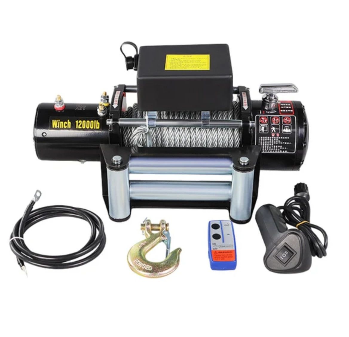 Tời điện 12v đa năng 12000lb tải trọng kéo 5400kg cáp dài 24m có điều khiển từ xa