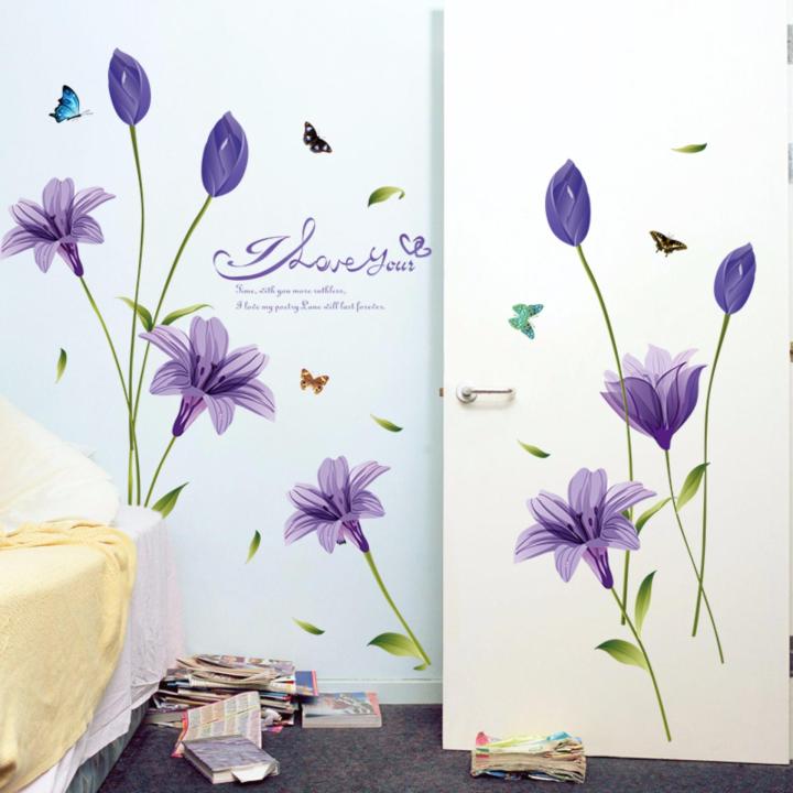 Decal dán tường hoa lily tím sticker tranh dán tường -sk9122b- decal dán tường cây xanh ,decal dán tường hoa lá