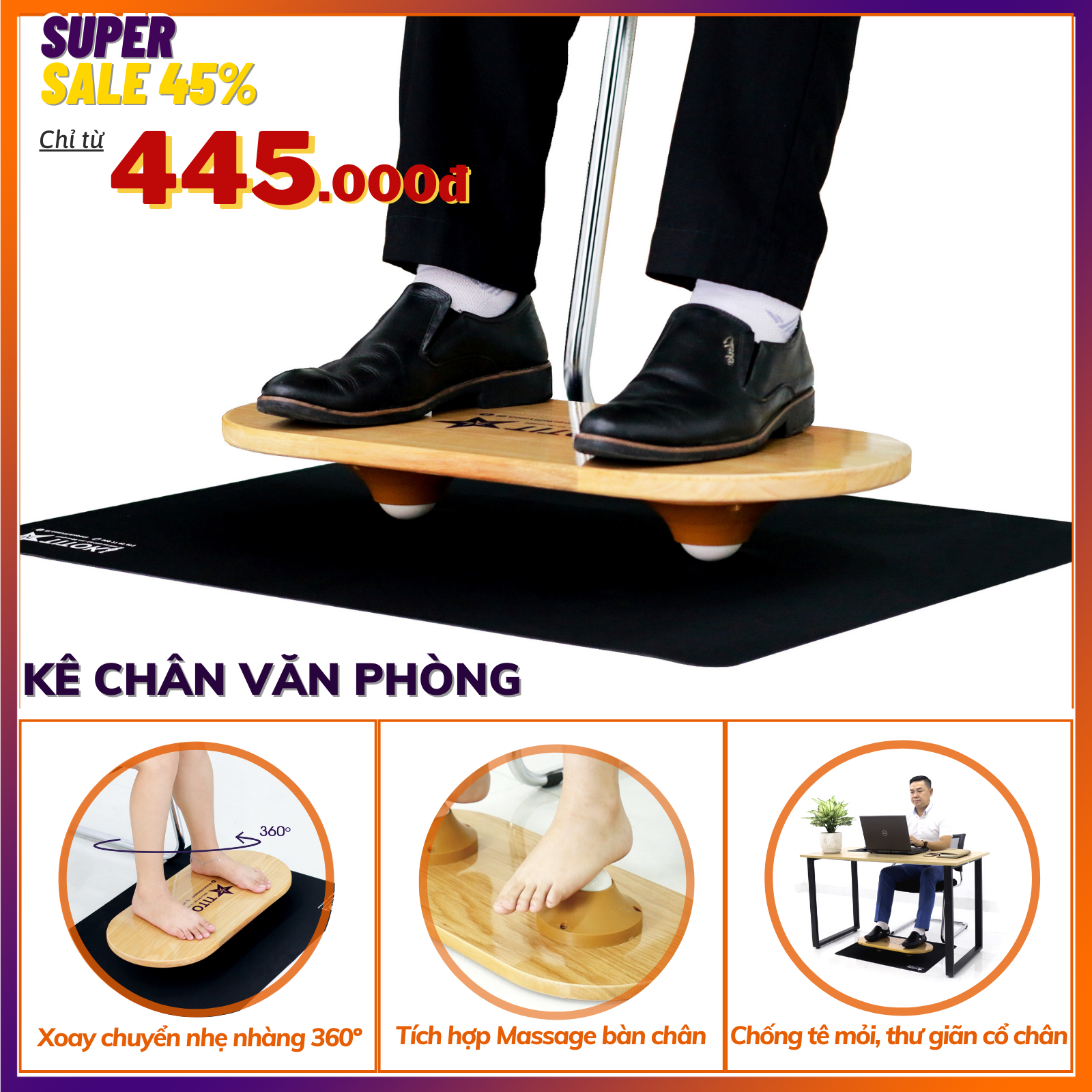 Kê chân Văn Phòng TITOK SPORTS Chuyển Động 360º dạng ván trượt tích hợp Massage chống tê mỏi chân, lưu thông khí huyết